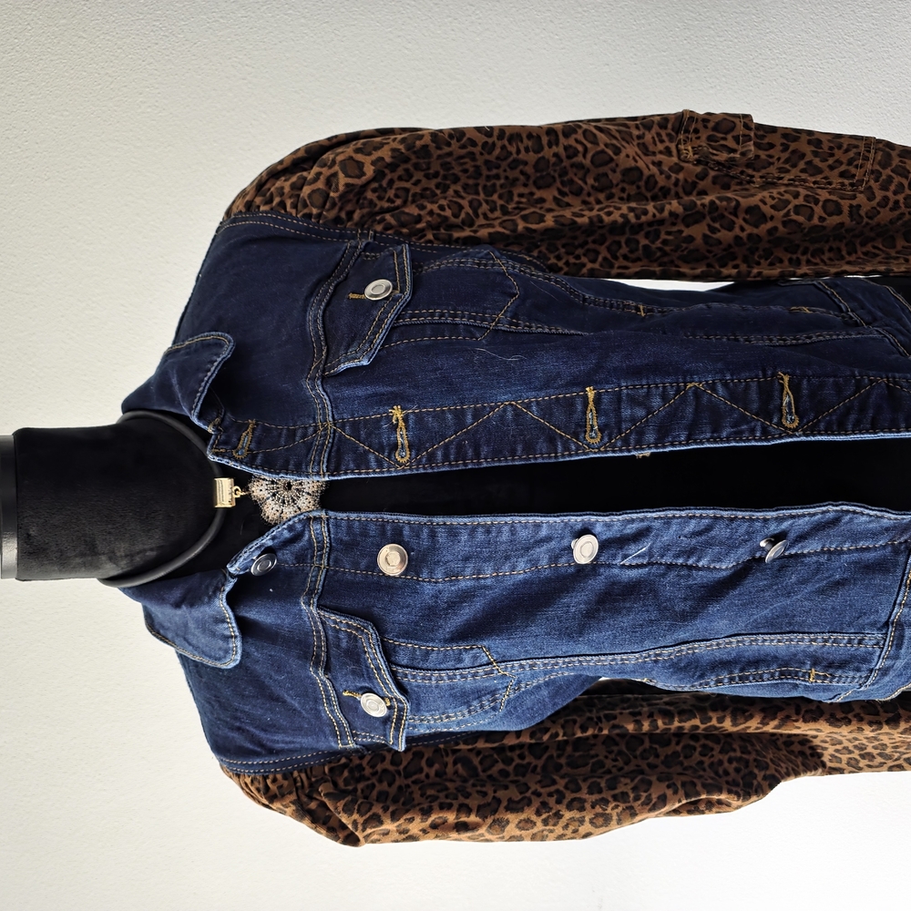 Denim Vest with Leopard Print Sleeves